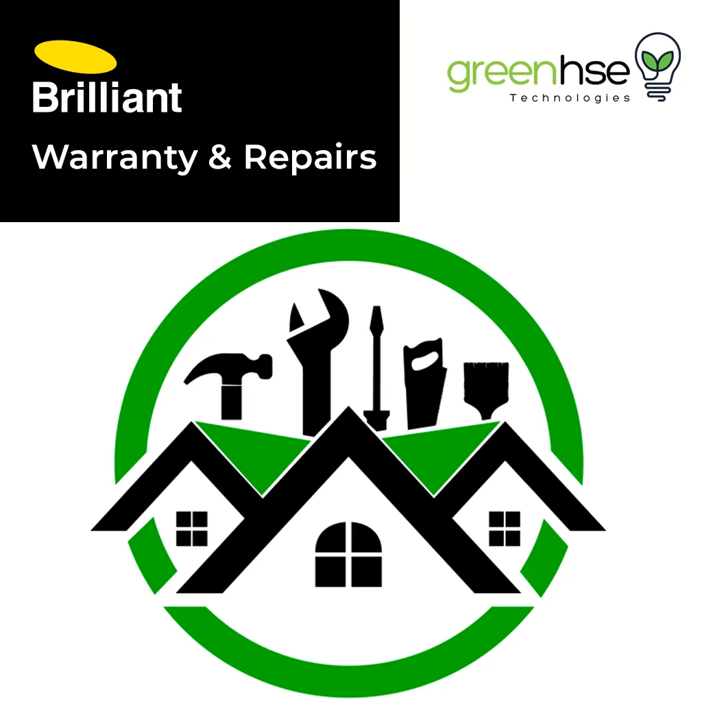 Brilliant warranty and repairs graphic with house and tools beside the Greenhse Technologies logo