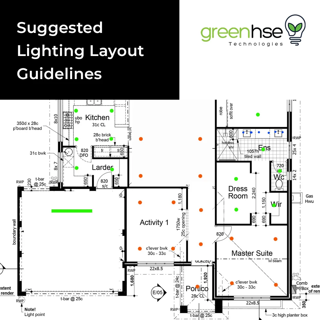 Suggested lighting layout marked on a house floor plan showing light points in the kitchen, larder, activity room, ensuite, dressing room, master suite and portico