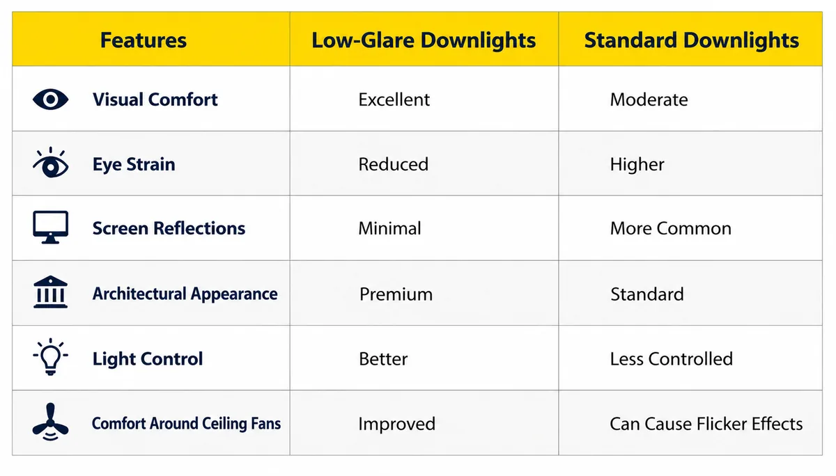 Comparison table of low-glare downlights and standard downlights for comfort, eye strain, reflections, appearance and light control
