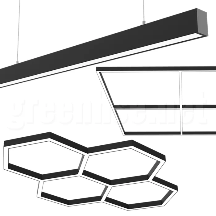 Black linear modular LED light in an office