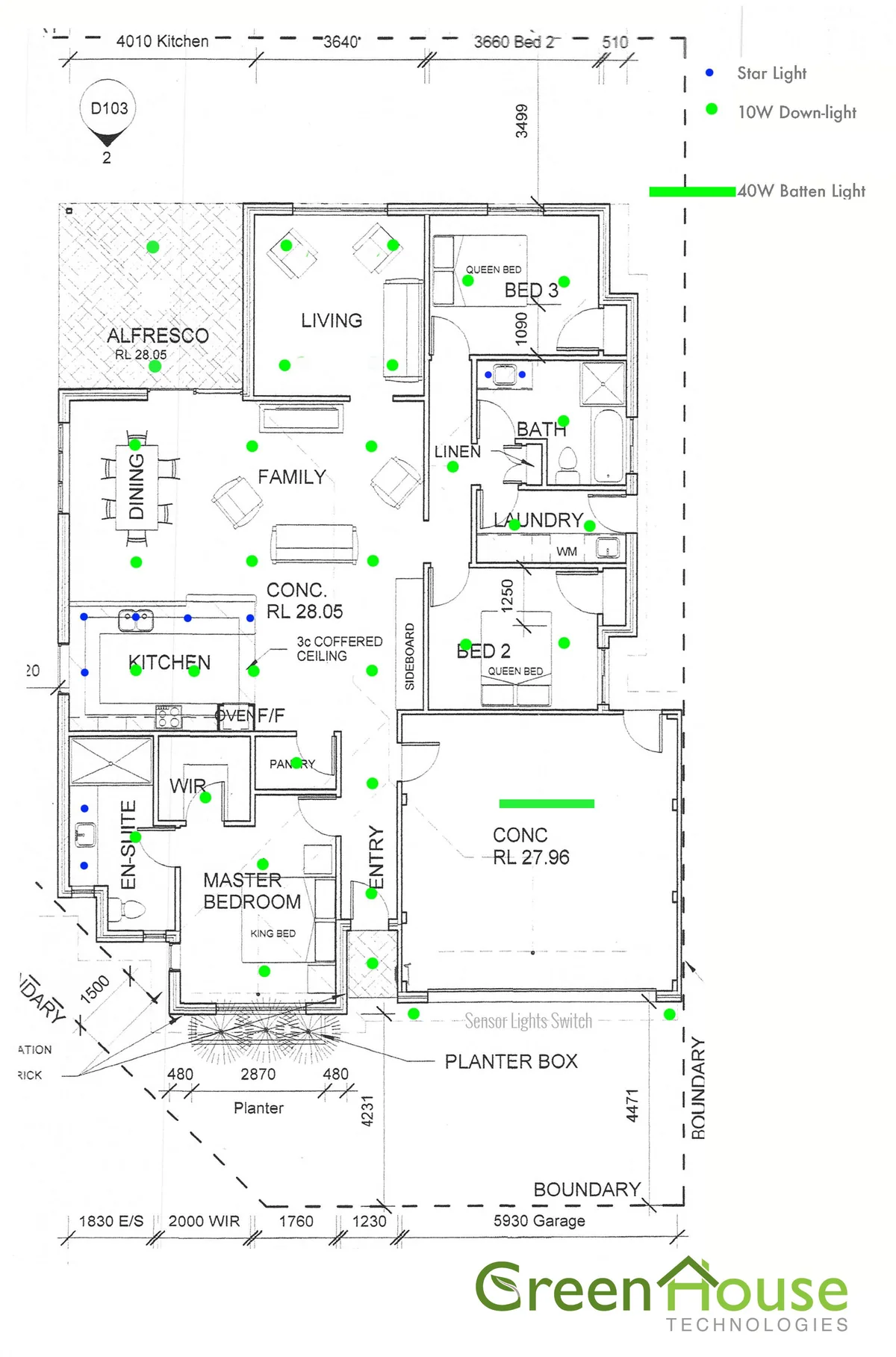 Example downlight layout for a small home showing 10W downlights, star lights and a 40W batten light