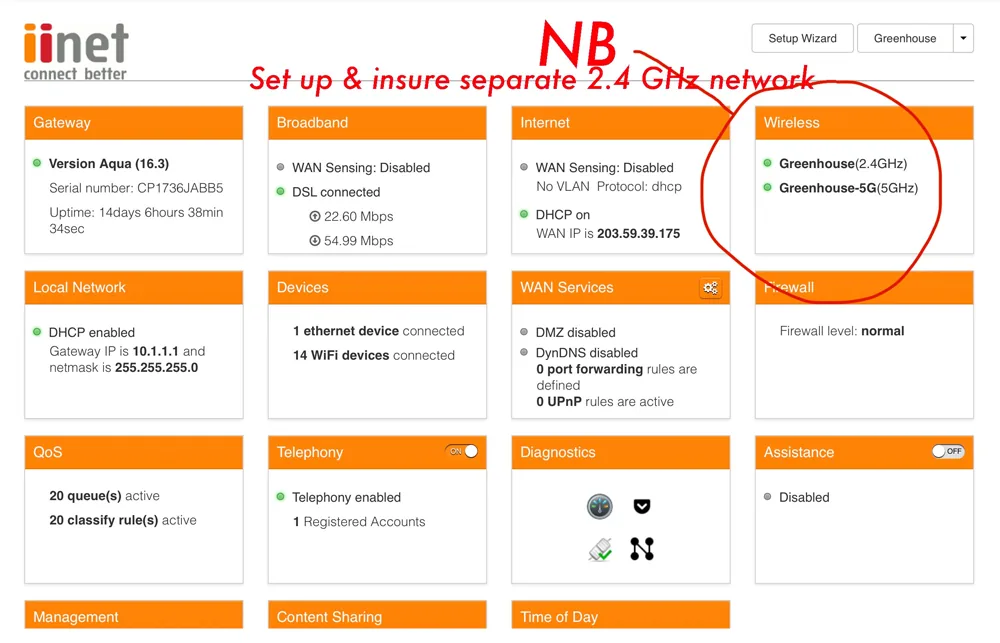 Router settings page showing separate 2.4GHz and 5GHz wireless networks