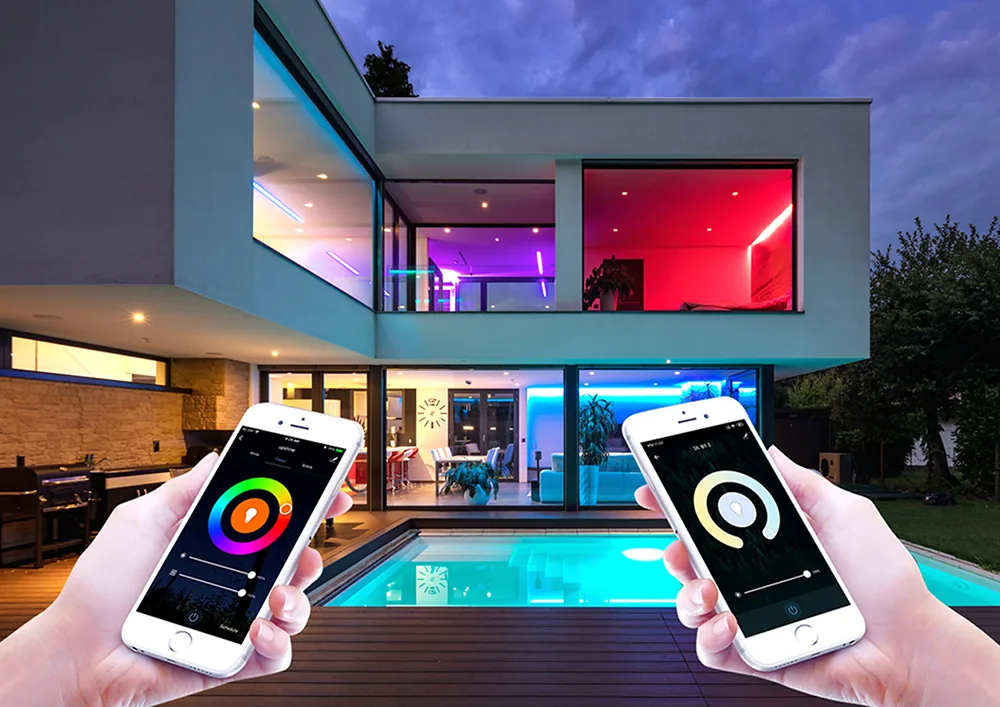 Smart home with colour-changing LED lighting controlled from two smartphone apps